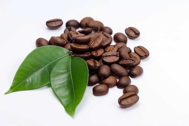 A pile of coffee beans and a leaf with a green leaf.