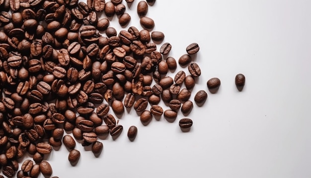 A pile of coffee beans on a white background