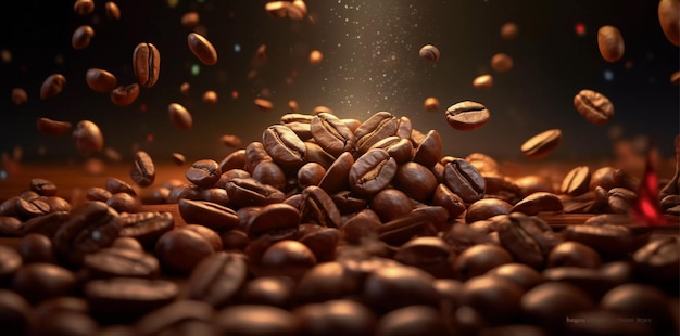 A pile of coffee beans with the words coffee beans falling on them Ai generated