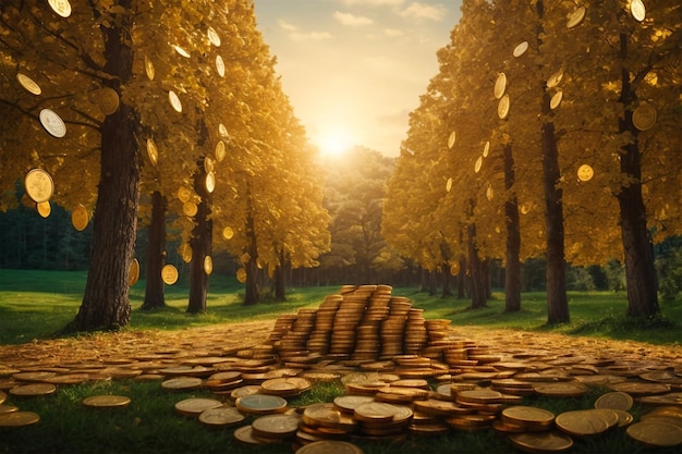 pile of coins in the middle of a forest