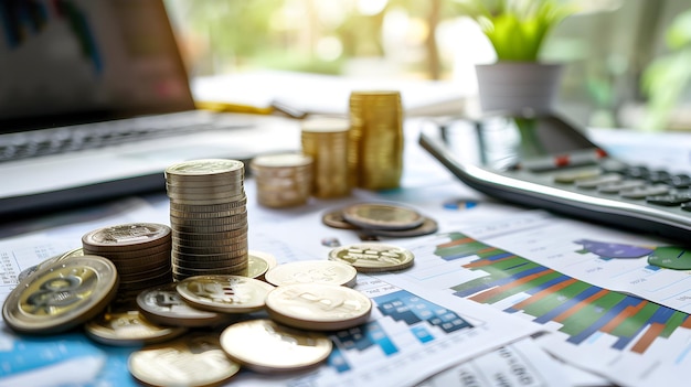 a pile of coins on a newspaper with a graph that says quot euro quot