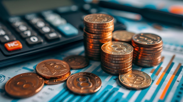 A pile of coins sitting next to a calculator and a calculator on a table with a calculator