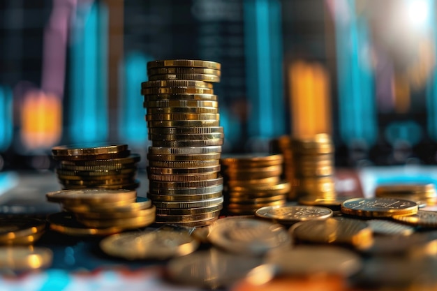 A pile of coins sitting on top of a table