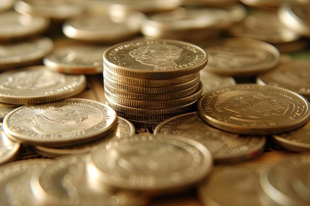 A pile of coins sitting on top of a table