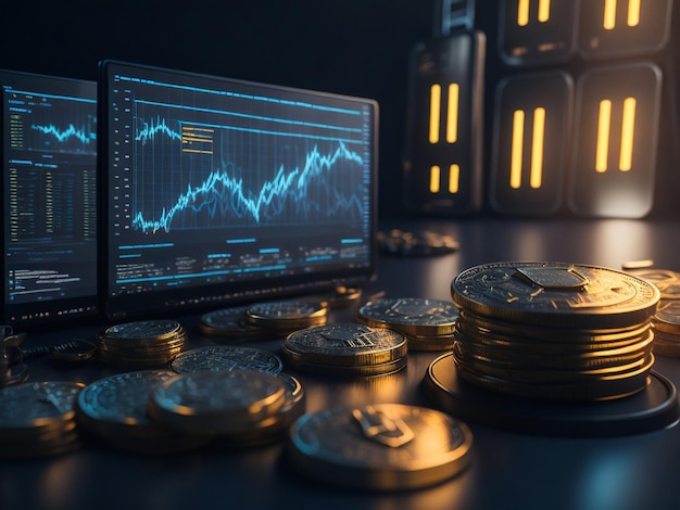 A pile of coins with a graph on the screen