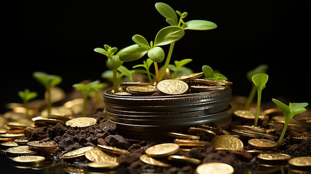 A pile of coins with green growing out of it symbolizing the economic grow Investment concept