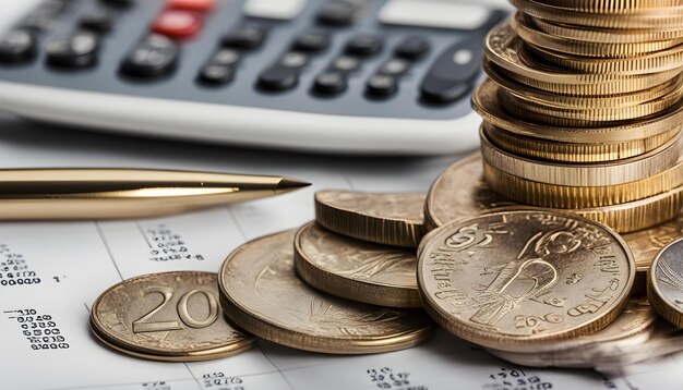 a pile of coins with a pen and a pen on top of it