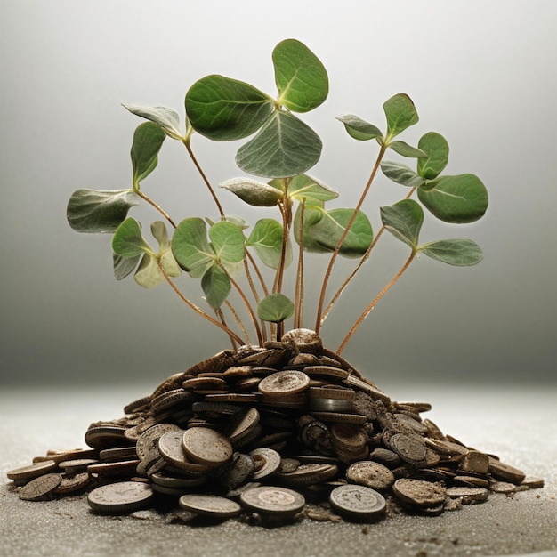 A pile of coins with a plant with leaves on it