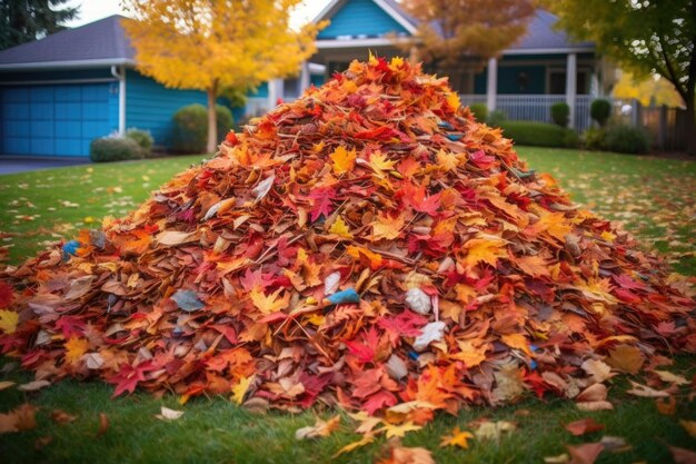 Pile of colorful autumn leaves on a freshly raked lawn created with generative ai