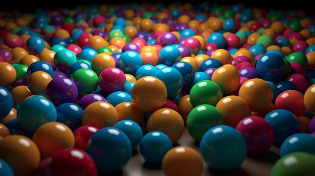 A pile of colorful balls is shown on a table.