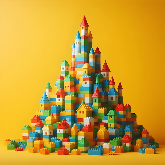 A pile of colorful building blocks arranged into a towering castle the product of a childs creativ