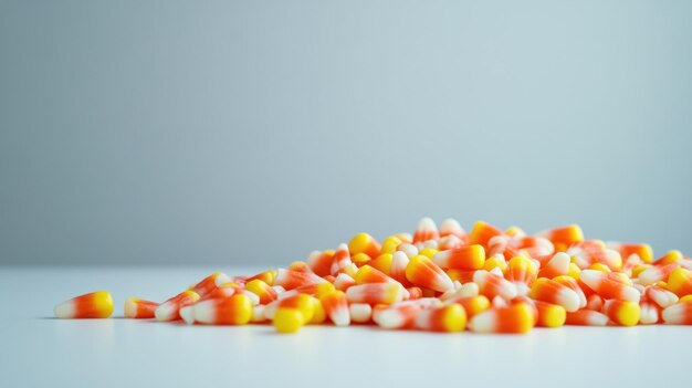 A pile of colorful candy corn on a white surface evoking seasonal festivities