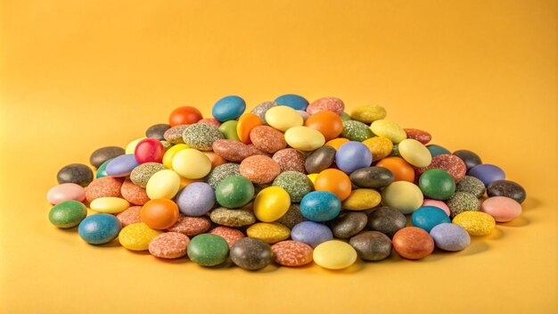 a pile of colorful candy including candy including one of which has a yellow background