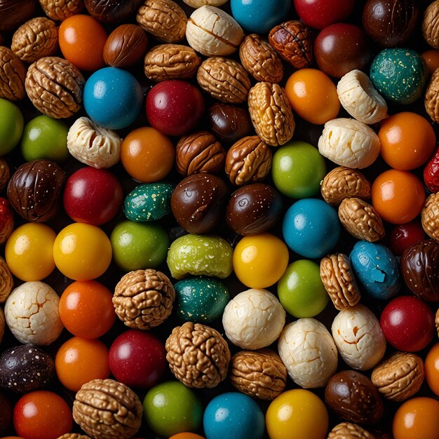 a pile of colorful candy with a bunch of nuts in the middle