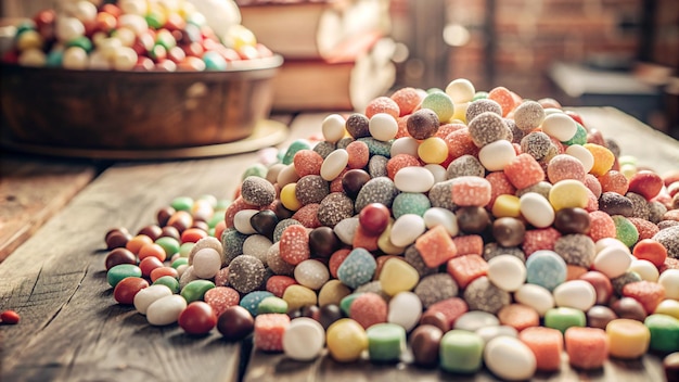 a pile of colorful candy on a wooden table