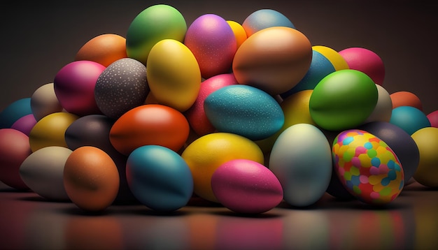 A pile of colorful easter eggs on a dark background