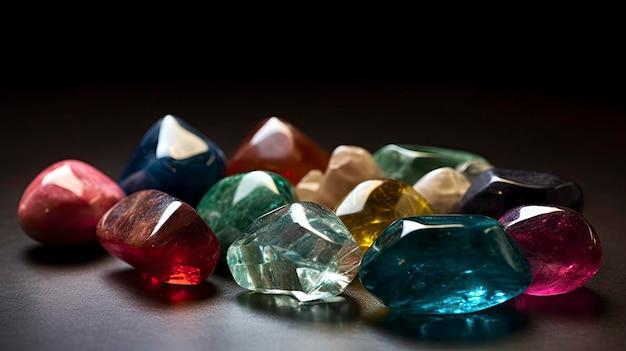 A pile of colorful gemstones on a dark background