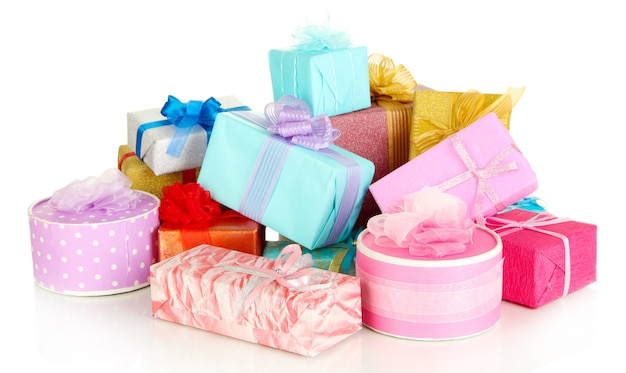 Pile of colorful gifts boxes isolated on white