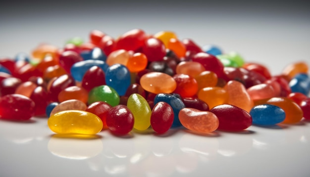 A pile of colorful jelly beans on a white surface