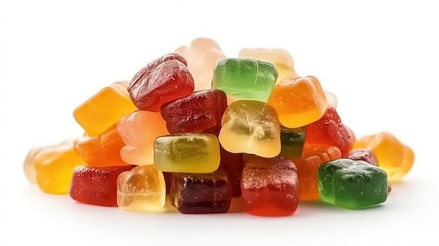 A pile of colorful jelly candies on a white background