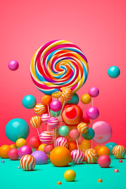 Pile of colorful lollipops on top of pink background Generative AI