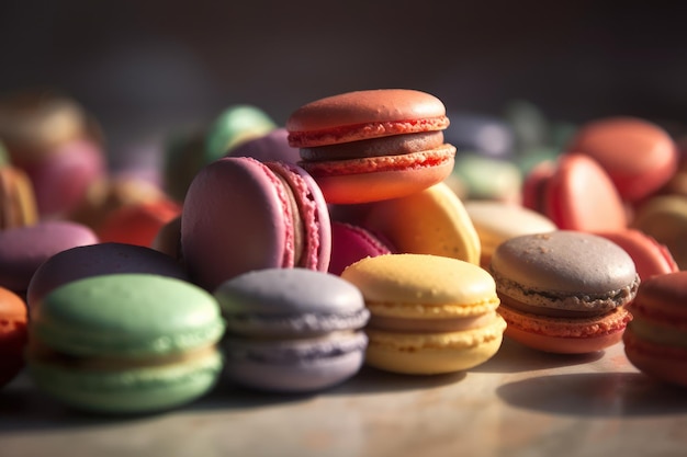 A pile of colorful macaroons with one that says'macaroons'on it