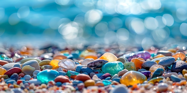 a pile of colorful marbles with a blue water background