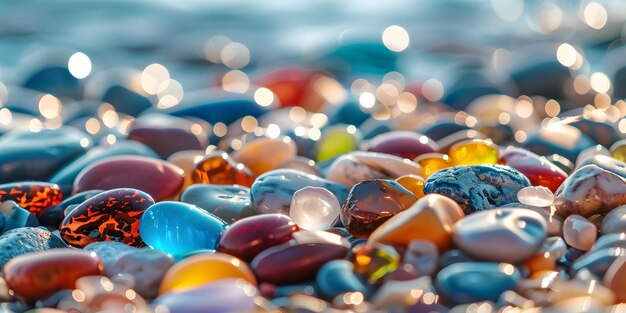 a pile of colorful marbles with the reflection of the sun in the water