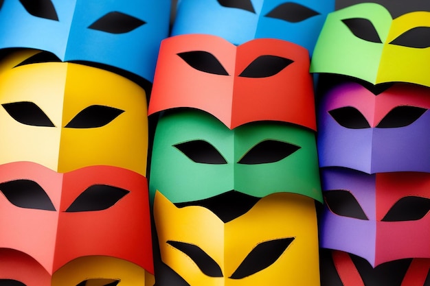 A pile of colorful paper masks with the words ninja on the front.