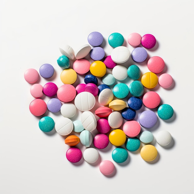 A pile of colorful pills on a white background