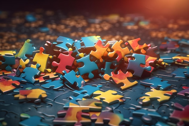 A pile of colorful puzzle pieces on a dark surface.