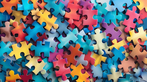 Photo a pile of colorful puzzle pieces with the word puzzle on the top