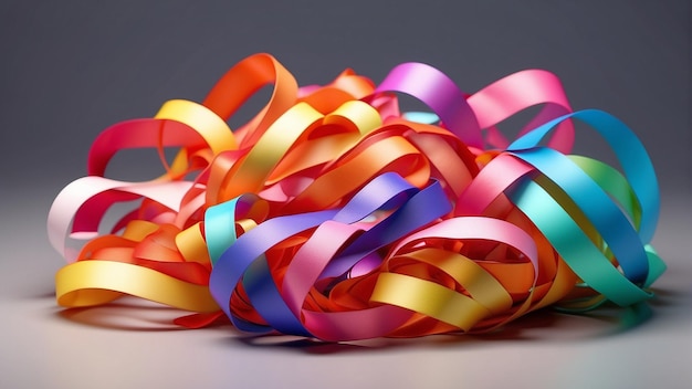 a pile of colorful ribbons with a purple ribbon on it