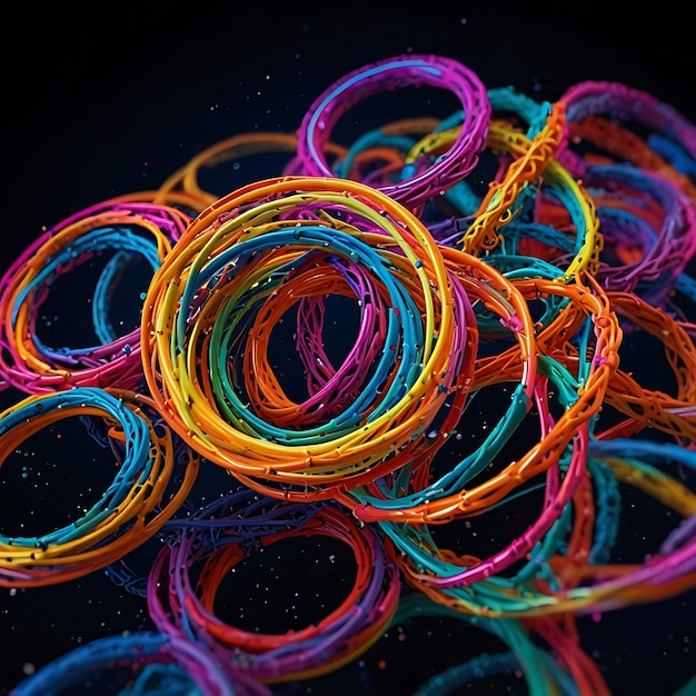 a pile of colorful rings with a black background with a blue star on the top