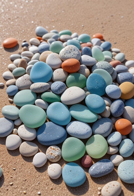 a pile of colorful rocks on the beach