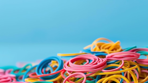 A pile of colorful rubber bands on a blue background