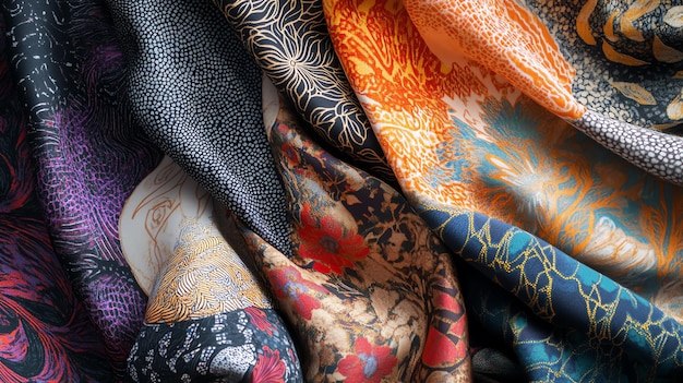 a pile of colorful scarves are shown with a design on them