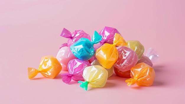 A pile of colorful wrapped candies on a pink background