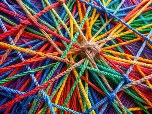 a pile of colorful yarn with many colors and a brown thread