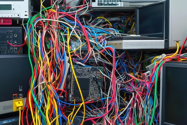 A pile of computers with colorful wires and cables hanging out creating a tangled mess