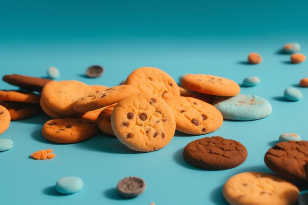 A pile of cookies with blue and orange sprinkles on a blue background.