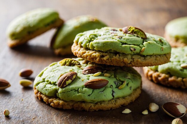 Photo a pile of cookies with green icing and a cookie on top