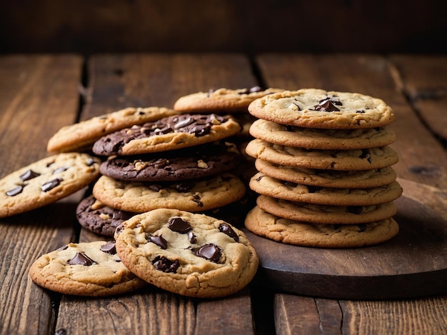 A pile of cookies on a wooden table