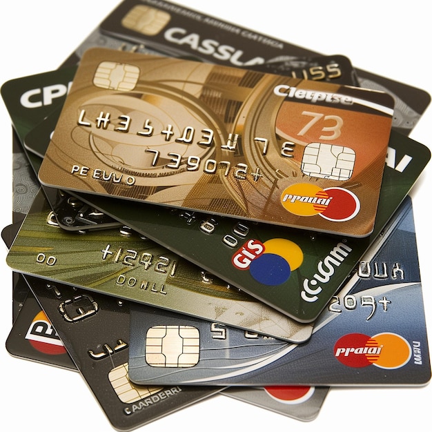 Photo a pile of credit cards with one that says cash and the other says cash