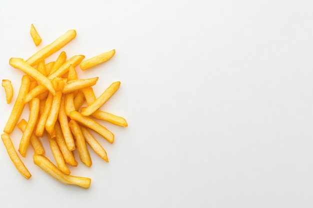 Pile of crispy golden french fries on a white background