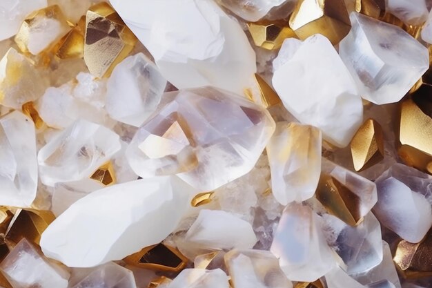 A pile of crystals with gold and white on the bottom.