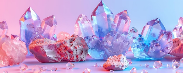 Photo a pile of crystals with a pink background and a pink and blue light