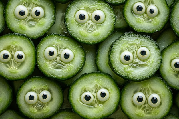 Photo a pile of cucumber slices with the eyes on them