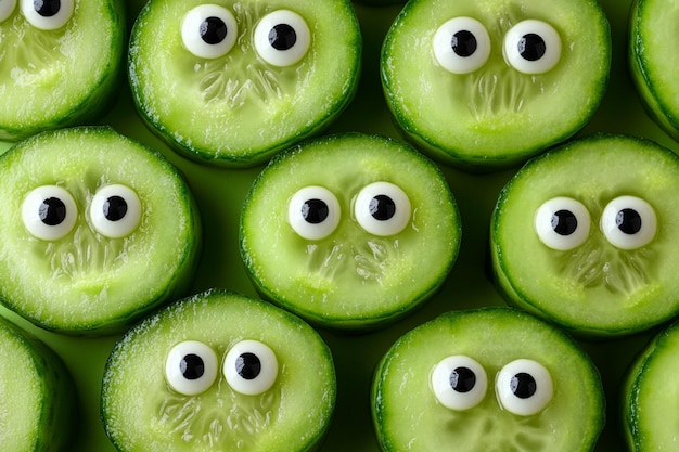 Photo a pile of cucumber slices with the eyes on them