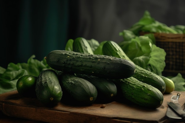 A pile of cucumbers on a table with other cucumbers on top